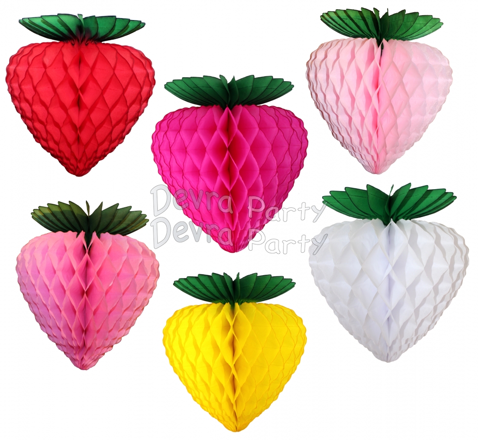 Honeycomb Tissue Strawberry, 8 Inch - Green Leaves (12 pcs) - Click Image to Close
